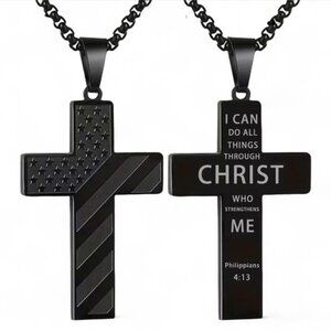 NEW - STAINLESS STEEL CROSS NECKLACE PHIL 4.13 BLACK/BLACK 24 INCH CHAIN